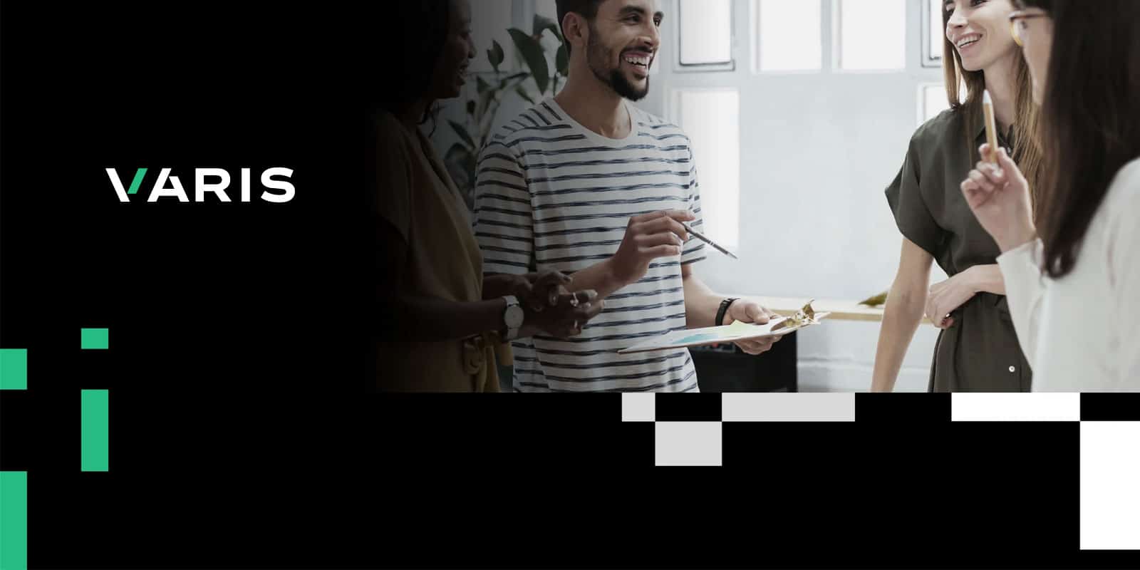 business people standing around talking with the Varis logo