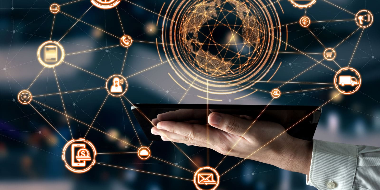 person on tablet with digital icons representing omnichannel