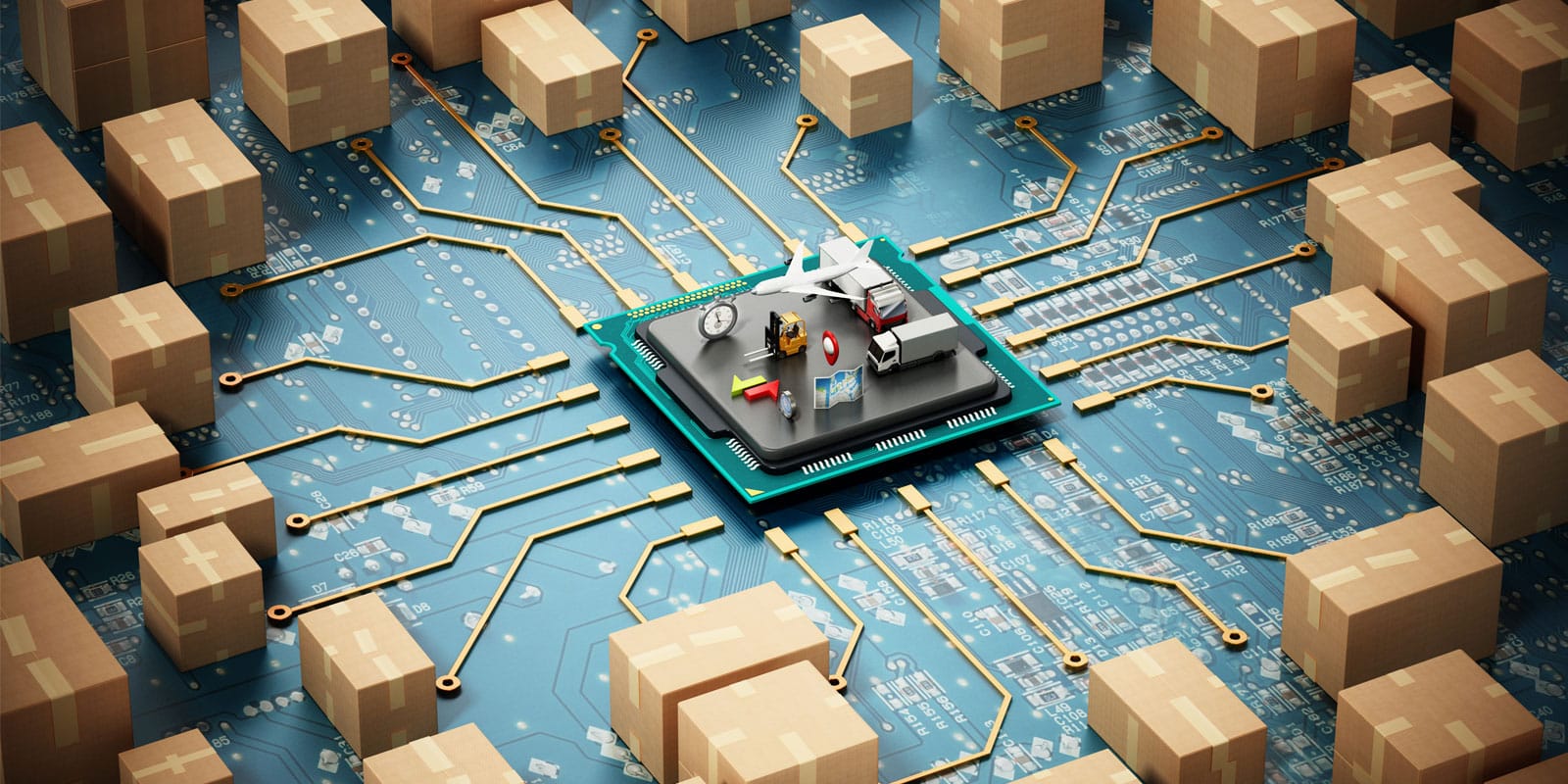 elements of distribution on a microchip surrounded by boxes