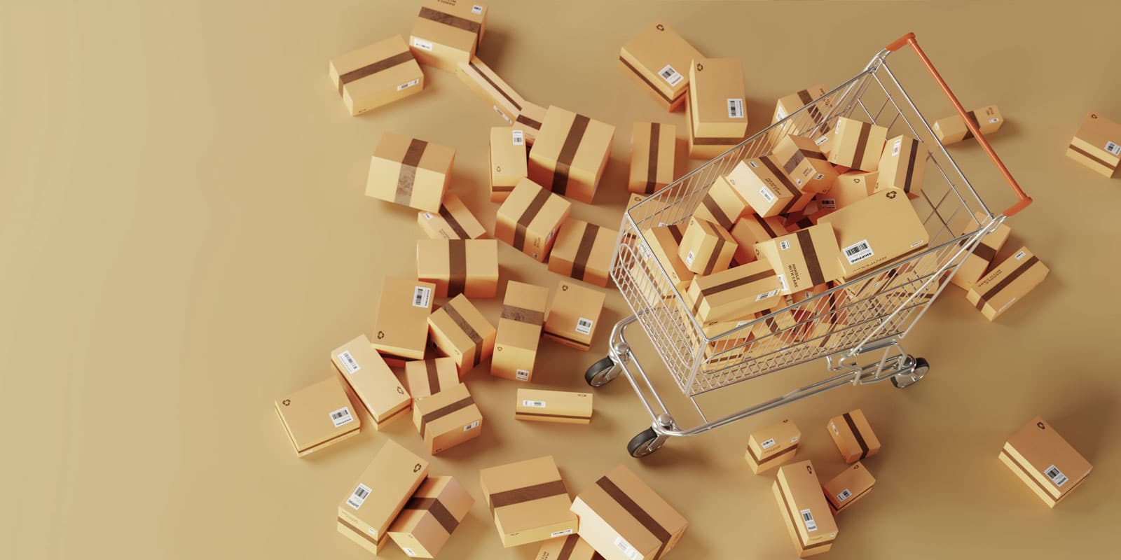 Shopping cart full of boxes with boxes overflowing onto the floor