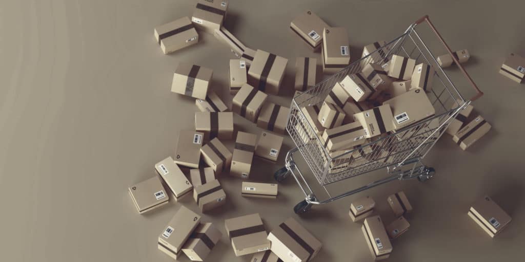 shopping cart overflowing with boxes