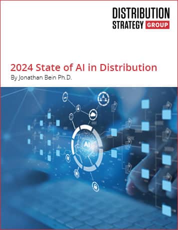 2024 State of AI in Distrbution Report Cover - person touching a holographic-like AI icon