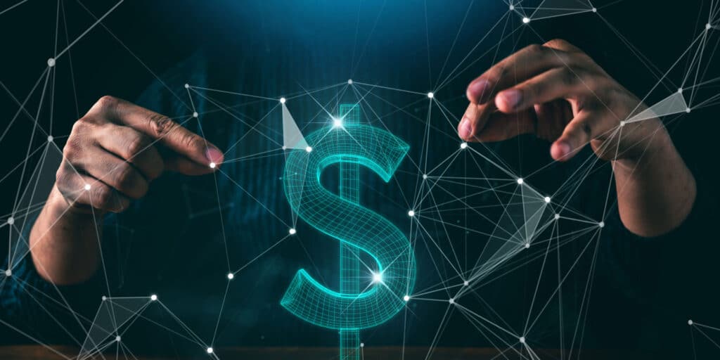 Person manipulating digital dollar sign hologram